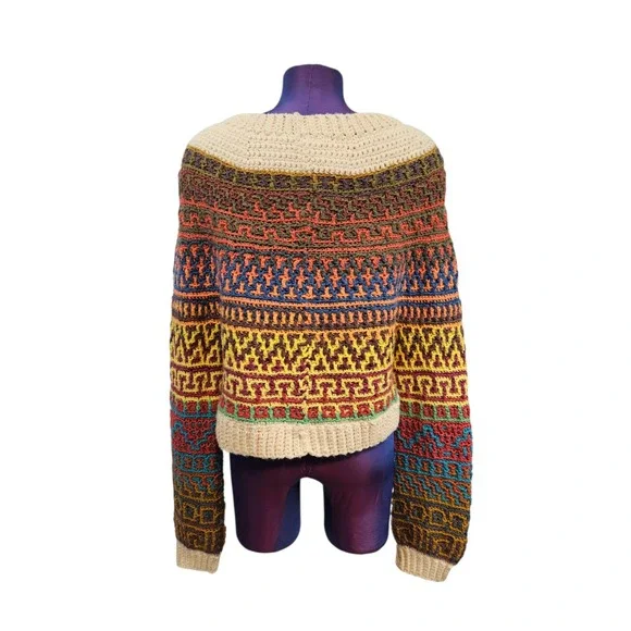 Handmade Crochet Mosaic Sweater Multi Color Geometric Boho Chunky Knit Pullover - Picture 5 of 6